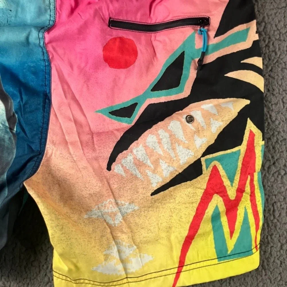 Maui and Sons x JAWS Mens XL Shark Retro Neon Swim Trunks Board Shorts